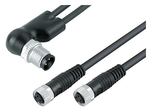 Abbildung M12/M8 Kabelsplitter Winkelstecker - 2 Kabeldosen, Polzahl: 4/3, ungeschirmt, am Kabel angespritzt, IP67, UL 2238, PUR, schwarz, 3 x 0,34 mm², 2 m