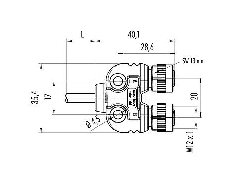Scale drawing 79 5236 33 04 - M12 Twin distributor, Y-distributor, Contacts: 4, unshielded, moulded on the cable, IP68, UL, PUR, black, 4 x 0.25 mm², with LED PNP, 2 m
