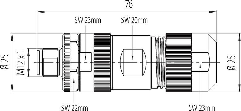 Maßzeichnung M12 Kabelstecker, Polzahl: 4+FE, 8,0-13,0 mm, ungeschirmt, schraubklemm, IP67, UL 2238, M12x1,0
