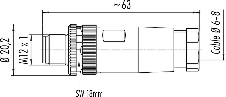 Dessin coté M12 Connecteur mâle, Contacts: 4, 6,0-8,0 mm, non blindé, pince à visser, IP67, UL 2238, VDE