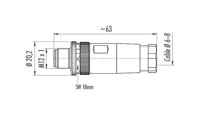 Dessin coté 99 0629 32 04 - M12 Connecteur mâle, Contacts: 4, 6,0-8,0 mm, non blindé, pince à visser, IP67, UL 2238, VDE