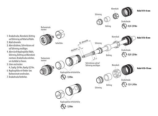 Montageanleitung M12 Kabelstecker, Polzahl: 5, 6,0-8,0 mm, schirmbar, schraubklemm, IP67, UL 2238, mit Schirmring