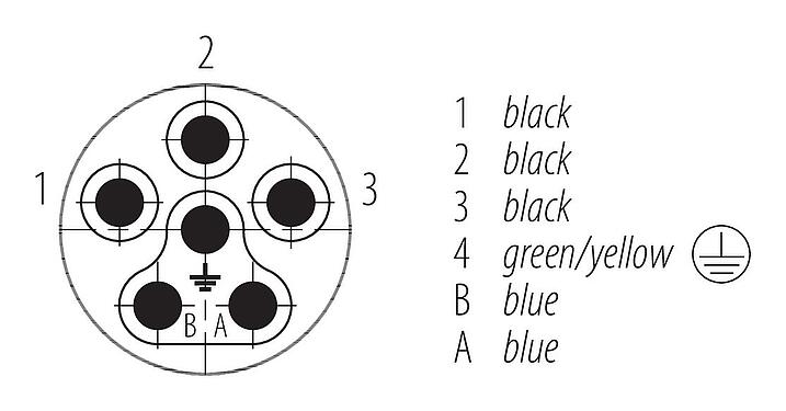 Contact arrangement (Plug-in side) 09 6111 150 06 - Bayonet Male panel mount connector, Contacts: 6, not shielded, single wires, IP66/IP67, UL 2237, M20x1.5