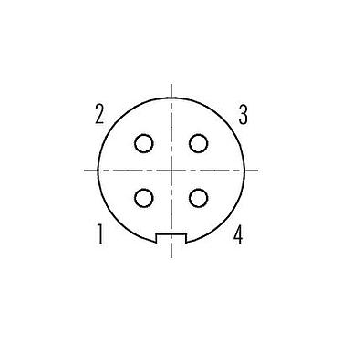 Disposition des contacts (Côté plug-in) 09 0412 30 04 - M9 Embase femelle, Contacts: 4, blindable, THT, IP67, vissé à l'avant