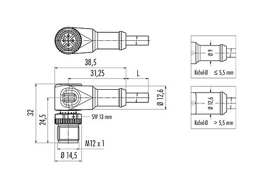 Maßzeichnung M12 Winkelstecker, Polzahl: 5, ungeschirmt, am Kabel angespritzt, IP68/IP69K, UL 2238, PVC, grau, 5 x 0,34 mm², 2 m