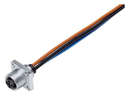 Kuva M12 Nelikulmainen laipallinen naarasliitin, Napojen määrä: 4, suojaamaton, punokset, IP40, UL 2238, M3 (4x), Etukiinnitys