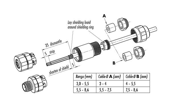 Instrução de montagem 99 1437 995 05 - M12 Plugue de cabo, Contatos: 5, 5,5-8,6 mm, blindável, pinça de parafuso, IP68/IP69K, UL