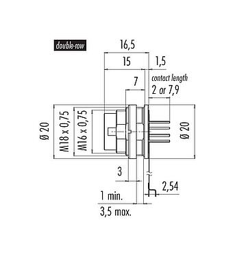 Scale drawing 09 0131 68 12 - M16 Male panel mount connector, Contacts: 12 (12-a), unshielded, THT, IP68, AISG compliant, Front mounting