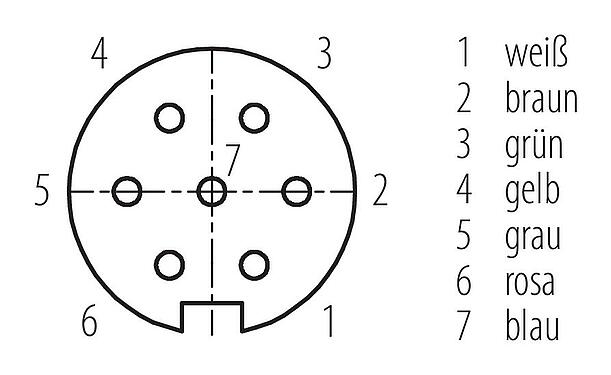 Polbild (Steckseite) M16 Winkeldose, Polzahl: 7 (07-a), ungeschirmt, am Kabel angespritzt, IP67, PUR, schwarz, 7 x 0,25 mm², 2 m