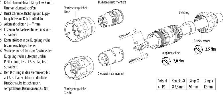 Montageanleitung Bajonett Kabelstecker, Polzahl: 4+PE, ungeschirmt, schraubklemm, IP67, UL 2238 (in Vorbereitung), UV-Beständig