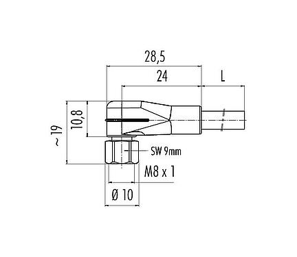 Dessin coté M8 Connecteur femelle coudé, Contacts: 8, non blindé, surmoulé sur le câble, IP67/IP69K, UL 2238, PUR, noir, 8 x 0,25 mm², Acier inoxydable, 2 m