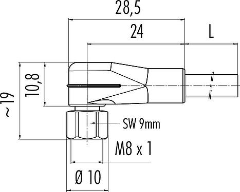 Mittakaavapiirustus M8 Kulmarasia, Napojen määrä: 8, suojaamaton, suihkutettu kaapelille, IP67/IP69K, UL 2238, PVC, harmaa, 8 x 0,25 mm², Ruostumaton teräs, 2 m