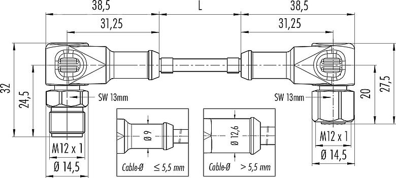 Mittakaavapiirustus M12 Liitäntäkaapelin kulmapistoke - kulmarasia, Napojen määrä: 8, suojaamaton, suihkutettu kaapelille, IP67/IP69K, UL 2238, Ecolab, PVC, harmaa, 8 x 0,25 mm², Elintarviketeollisuus, Ruostumaton teräs, 2 m