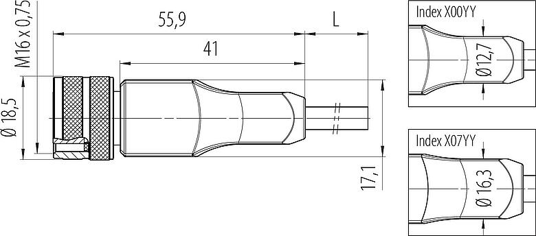 Scale drawing M16 Female cable connector, Contacts: 4, unshielded, moulded on the cable, IP67, PUR, black, 4 x 0.34 mm², 5 m