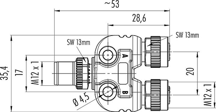 Scale drawing M12 Twin distributors, Y-distributor, male connector - 2 female connector, Contacts: 5, unshielded, pluggable, IP68, UL 2238