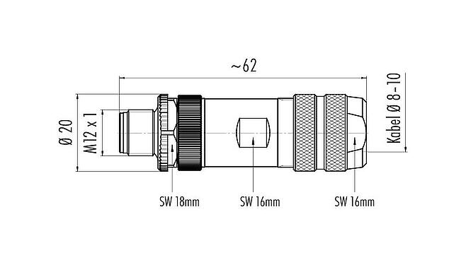 Maßzeichnung M12 Kabelstecker, Polzahl: 5, 8,0-10,0 mm, schirmbar, schraubklemm, IP67, UL 2238, mit Schirmring