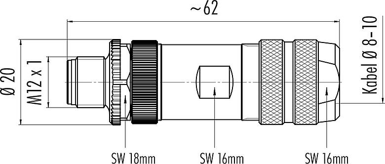 Maßzeichnung M12 Kabelstecker, Polzahl: 8, 8,0-10,0 mm, schirmbar, schraubklemm, IP67, UL 2238, mit Schirmring