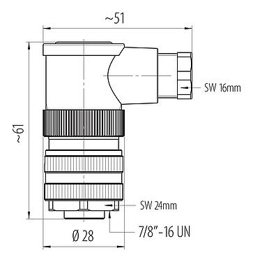 Dessin coté 7/8" Connecteur femelle coudé, Contacts: 4+PE, 6,0-8,0 mm, non blindé, pince à visser, IP67, UL 2238, VDE