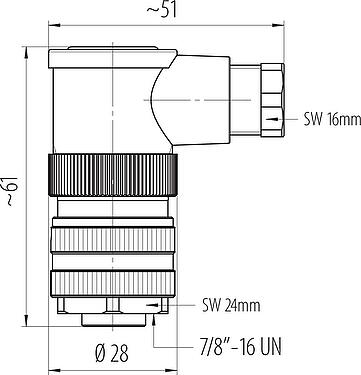 Schaaltekening 7/8" Female haakse connector, aantal polen: 2+PE, 6,0-8,0 mm, onafgeschermd, schroefklem, IP67, UL 2238, VDE