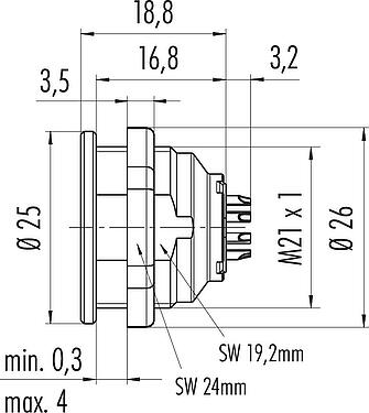 Dessin coté Push Pull Embase femelle, Contacts: 14, blindable, souder, IP67, M21x1,0, Montage frontal