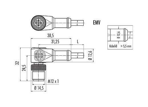 Maßzeichnung M12 Winkelstecker, Polzahl: 4, geschirmt, am Kabel angespritzt, IP67, UL 2238, PUR, schwarz, 4 x 0,34 mm², 5 m