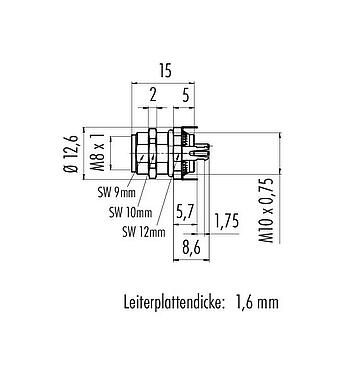 Maßzeichnung M8 Flanschdose, Polzahl: 4, schirmbar, THT, IP67, UL 2238, M10x0,75, Rückwandmontage