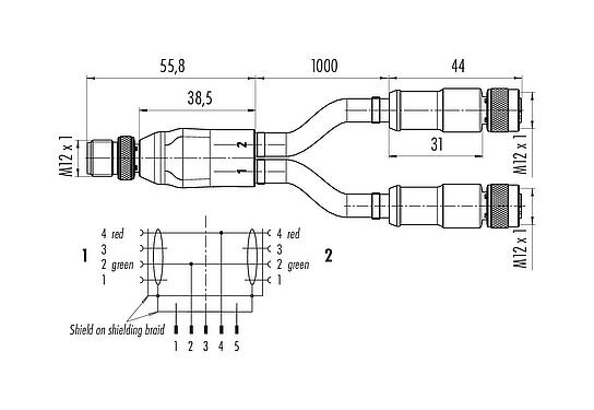 Disegno in scala M12 Connettore Sdoppiatore per cavi - 2 connettori cavo femmina, Numero poli: 2, schermato, stampato sul cavo, IP67, Profibus, PUR, viola, 2 x 0.25 mm², 1 m