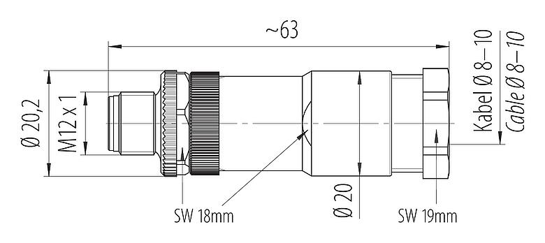Maßzeichnung M12 Kabelstecker, Polzahl: 3+PE, 8,0-10,0 mm, ungeschirmt, schraubklemm, IP67, UL 2238, VDE