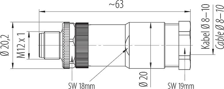 Maßzeichnung M12 Kabelstecker, Polzahl: 2+PE, 8,0-10,0 mm, ungeschirmt, schraubklemm, IP67, UL 2238