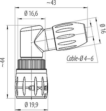 Dessin coté Baïonnette Connecteur mâle coudé, Contacts: 8, 4,0-6,0 mm, non blindé, souder, IP67