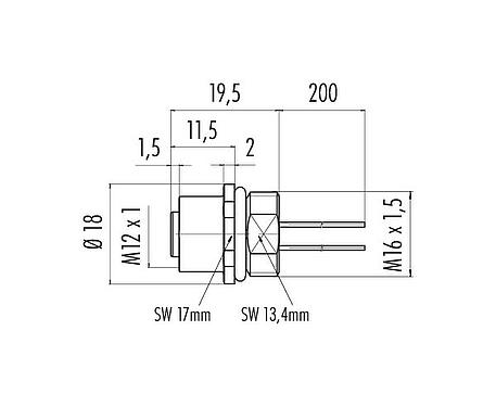 Bản vẽ tỷ lệ M12 Ổ cắm gắn bảng, Số lượng cực : 4, không có chống nhiễu, dây đơn, IP67, UL 2238, M16x1,5, Gắn phía trước