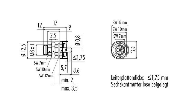 Maßzeichnung M8 Flanschstecker, Polzahl: 4, schirmbar, THT, IP67, M8x1,0, Rückwandmontage, vergossen