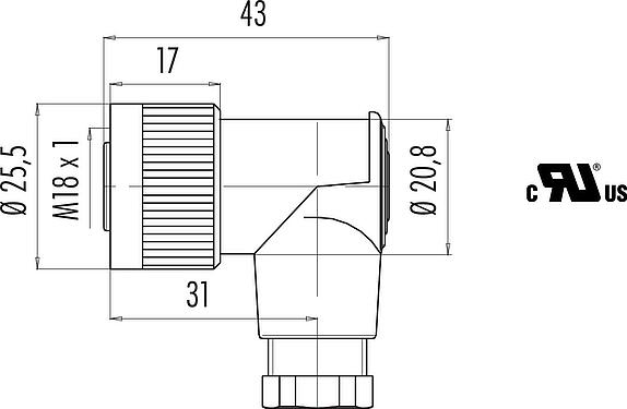 Méretarányos rajz M18 derékszögű aljzat, : 4, 6,5-8,0 mm, árnyékolatlan, csavaros bilincs, IP67, UL