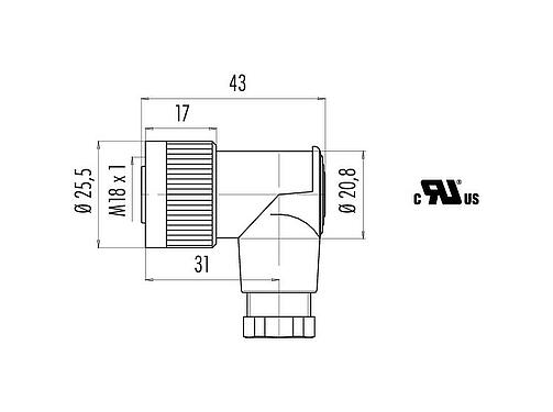 Dessin coté M18 Connecteur femelle coudé, Contacts: 4, 6,5-8,0 mm, non blindé, pince à visser, IP67, UL