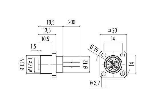 比例圖 M12 孔頭方型法蘭座, : 4, 非遮罩, 帶導線, IP40, UL 2238, M3 (4x), 板前安裝, 模压