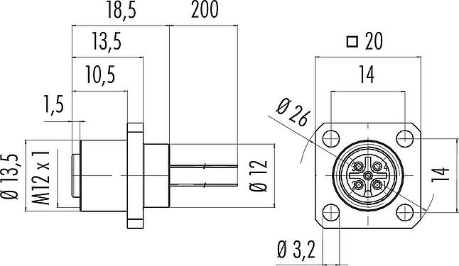 Dessin coté M12 Embase femelle, carré, Contacts: 8, non blindé, fils, IP40, UL 2238, M3 (4x), Montage frontal, coulé