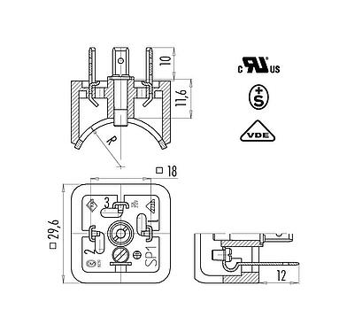 Dibujo a escala Conector de alimentación macho, contactos en ángulo hacia adentro, Número de contactos: 2+PE, sin blindaje, soldadura, IP40 sin junta, UL, ESTI+, VDE
