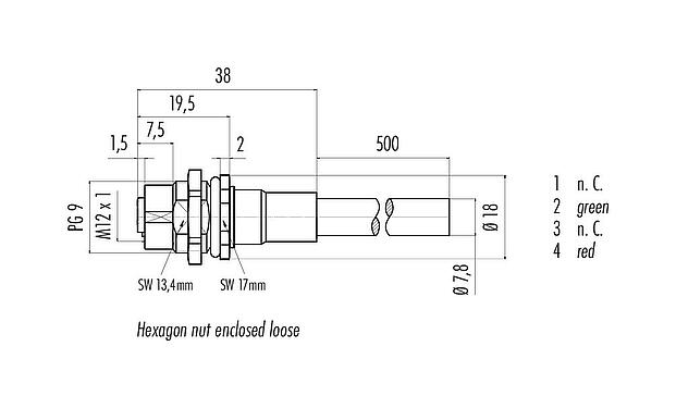 Dessin coté 70 4434 247 04 - M12 Embase femelle, Contacts: 2, blindé, assemblés avec câble, IP68, PG 9, Profibus, PUR, violet, 1 x 2 x 0,25 mm², Montage mural arrière, 0,5 m