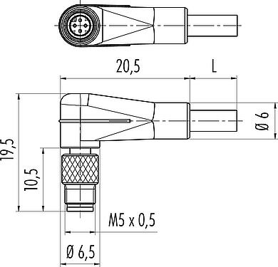 Mittakaavapiirustus M5 Kulmapistoke, Napojen määrä: 4, suojaamaton, suihkutettu kaapelille, IP67, UL 2238, M5x0,5, PUR, musta, 4 x 0,25 mm², 5 m