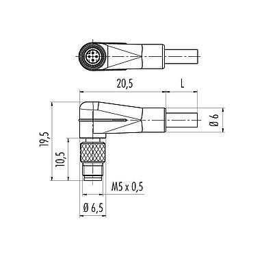 Desenho da escala M5 Plugue angular, Contatos: 4, desprotegido, moldado no cabo, IP67, UL 2238, M5x0,5, PUR, preto, 4 x 0,14 mm², 2 m