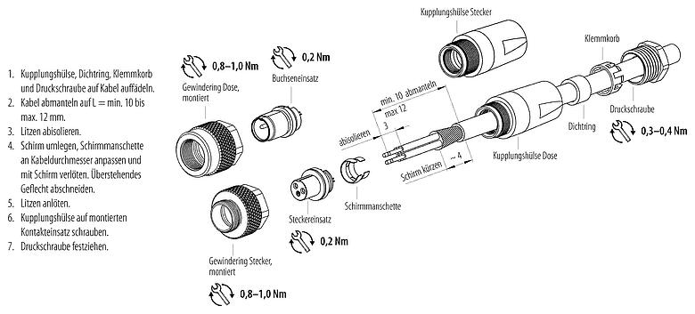 Instructions de montage M9 Connecteur mâle, Contacts: 8, 3,5-5,0 mm, blindable, souder, IP67, avec manchette de protection