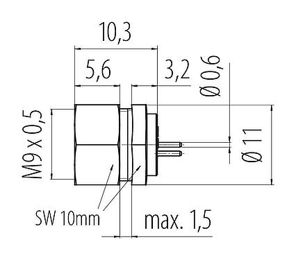 Dessin coté M9 Embase femelle, Contacts: 4, non blindé, THT, IP40, M9x0,5, Montage frontal