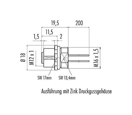 Maßzeichnung M12 Flanschdose, Polzahl: 4, ungeschirmt, Litzen, IP68, UL 2238, M16x1,5, Frontmontage