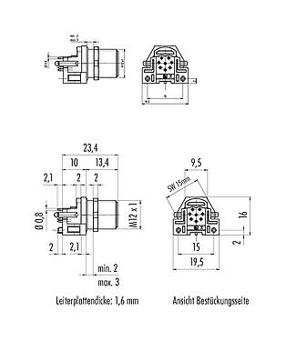 Maßzeichnung M12 Flanschstecker, Polzahl: 8, schirmbar, THR, IP68, UL 2238, M12x1,0, Rückwandmontage, für die Leiterplattenmontage