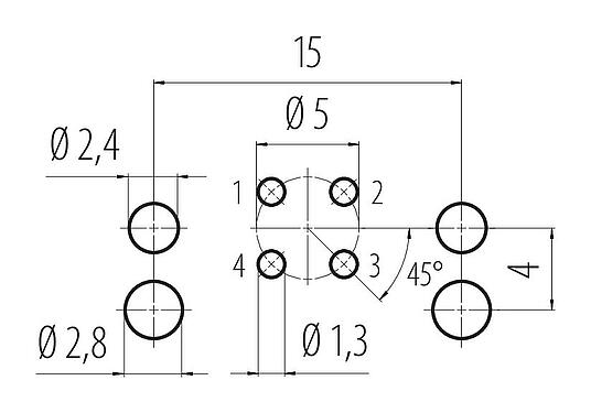 Conductor layout M12 Male angled panel mount connector, Contacts: 4, unshielded, THR, IP68, UL 2238, Front mounting, for PCB assembly, two-part design