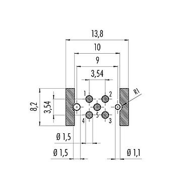 Conductor layout M12 Female receptacle, Contacts: 5, shieldable, SMT, IP67