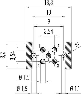 Johtimen malli M12 Laippapistorasia, Napojen määrä: 5, suojaamaton, SMT, IP67, M14x1,0, Etukiinnitys