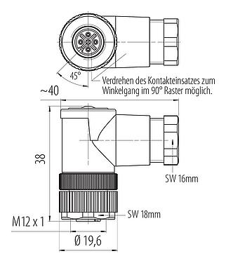 Maßzeichnung M12 Winkeldose, Polzahl: 4, 6,0-8,0 mm, ungeschirmt, schraubklemm, IP67, UL 2238, PG 9