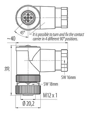 Scale drawing M12 Female angled connector, Contacts: 5, 6.0-8.0 mm, unshielded, wire clamp, IP67