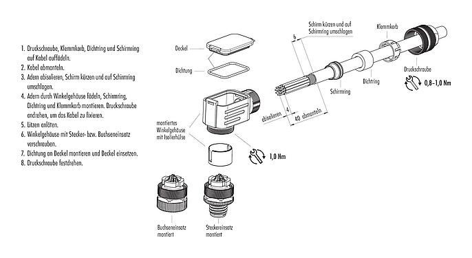 Montageanleitung M12 Winkeldose, Polzahl: 12, 6,0-8,0 mm, schirmbar, löten, IP67, UL 2238, mit Schirmring